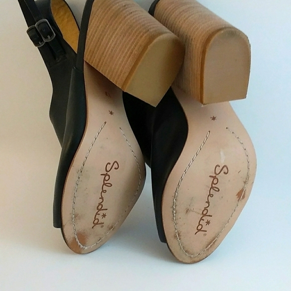 Splendid Black Leather Peep Toe Slingback Back Dress Shoes Size 8.5 Block Heels - Picture 3 of 7